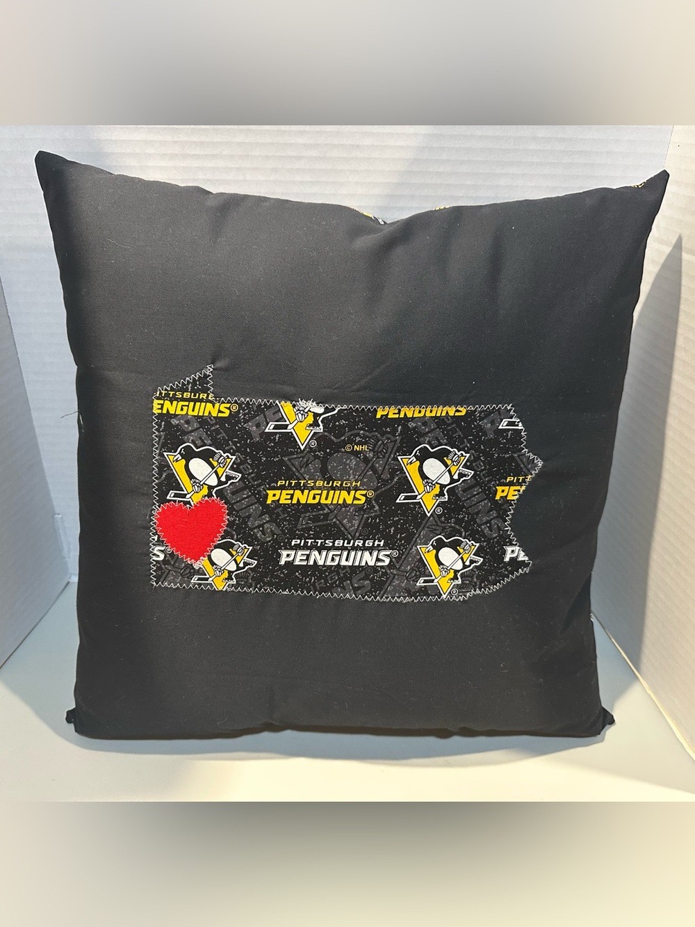 Handmade 16” Pittsburgh Penguins PA State Appliqué Throw Pillow with Heart